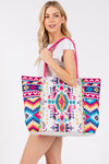 Boho Print Fringe Tote Bag Zipper Closure Inner Pocket Fuchsia - Pack of 6