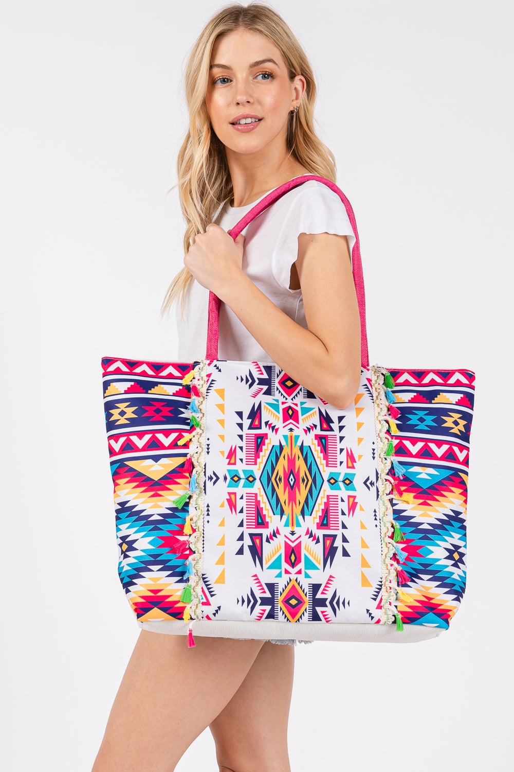 Boho Print Fringe Tote Bag Zipper Closure Inner Pocket Fuchsia - Pack of 6