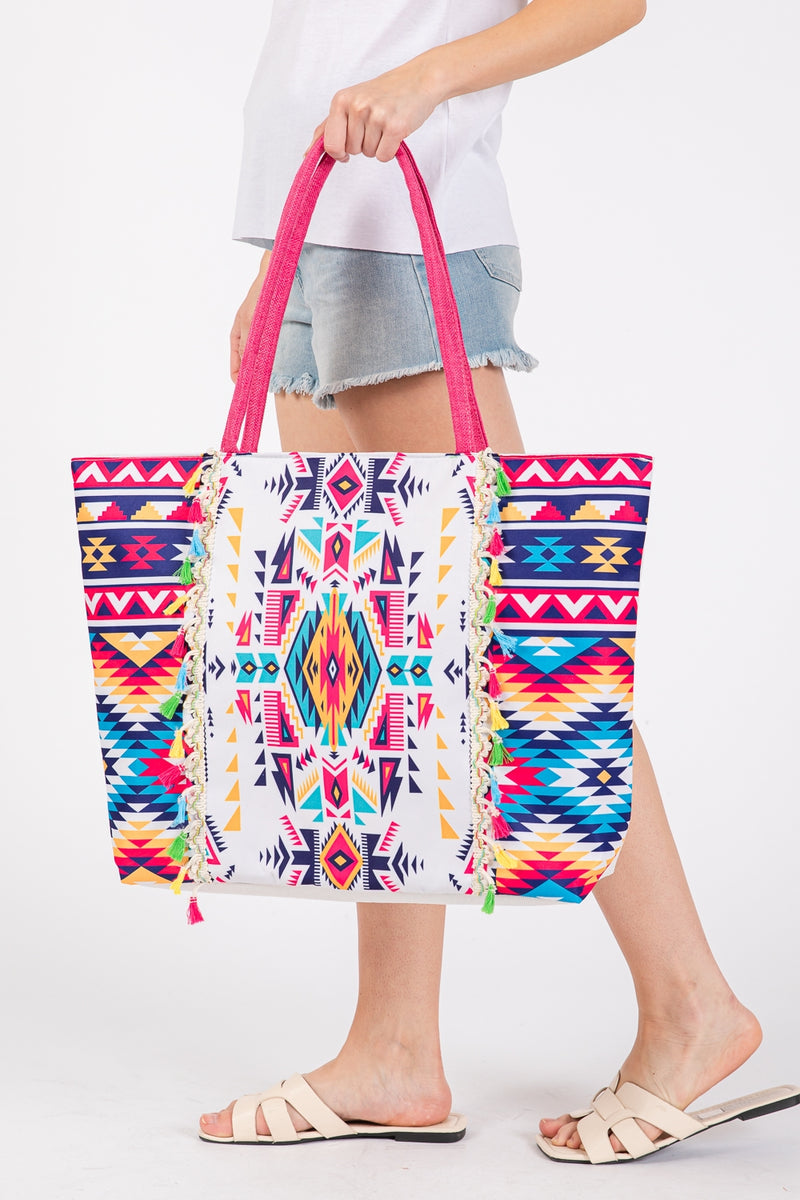 Boho Print Fringe Tote Bag Zipper Closure Inner Pocket Fuchsia - Pack of 6