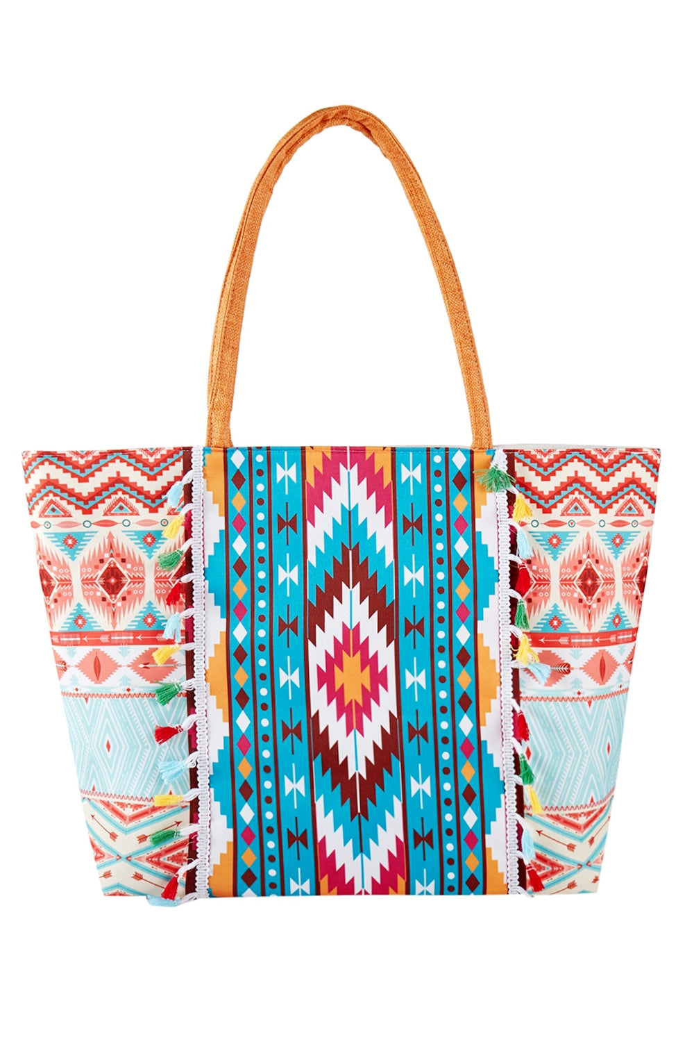 Boho Print Fringe Tote Bag Zipper Closure Inner Pocket Orange - Pack of 6