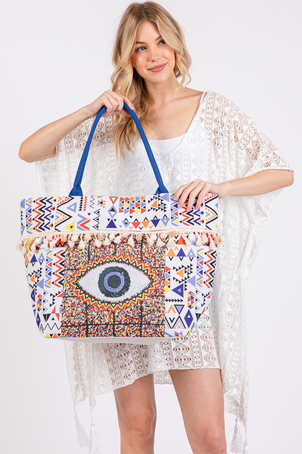 Evil Eye Boho Print Pom Pom Fringe Tote Bag Zipper Closure Inner Pocket Blue - Pack of 6