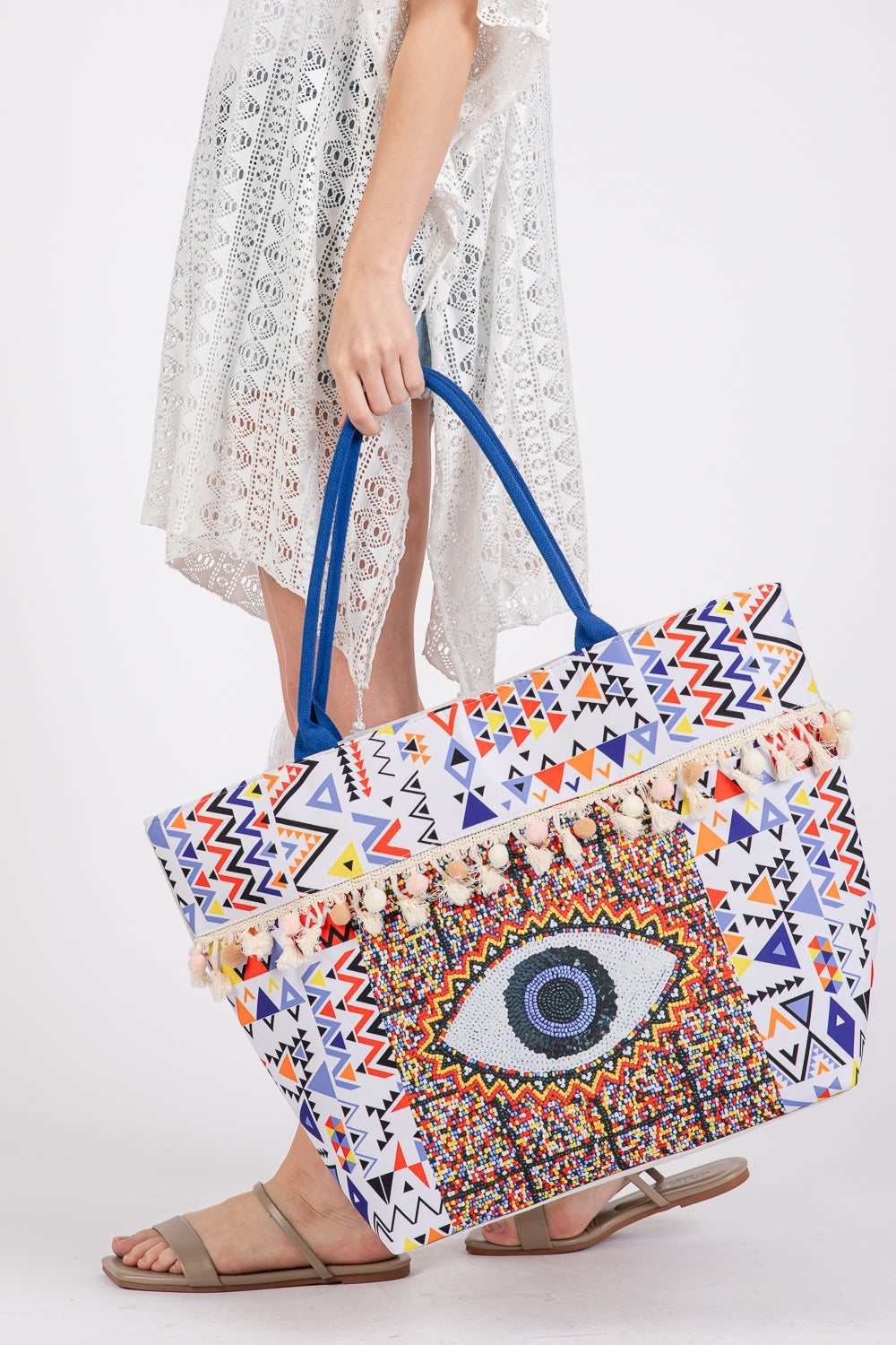 Evil Eye Boho Print Pom Pom Fringe Tote Bag Zipper Closure Inner Pocket Blue - Pack of 6