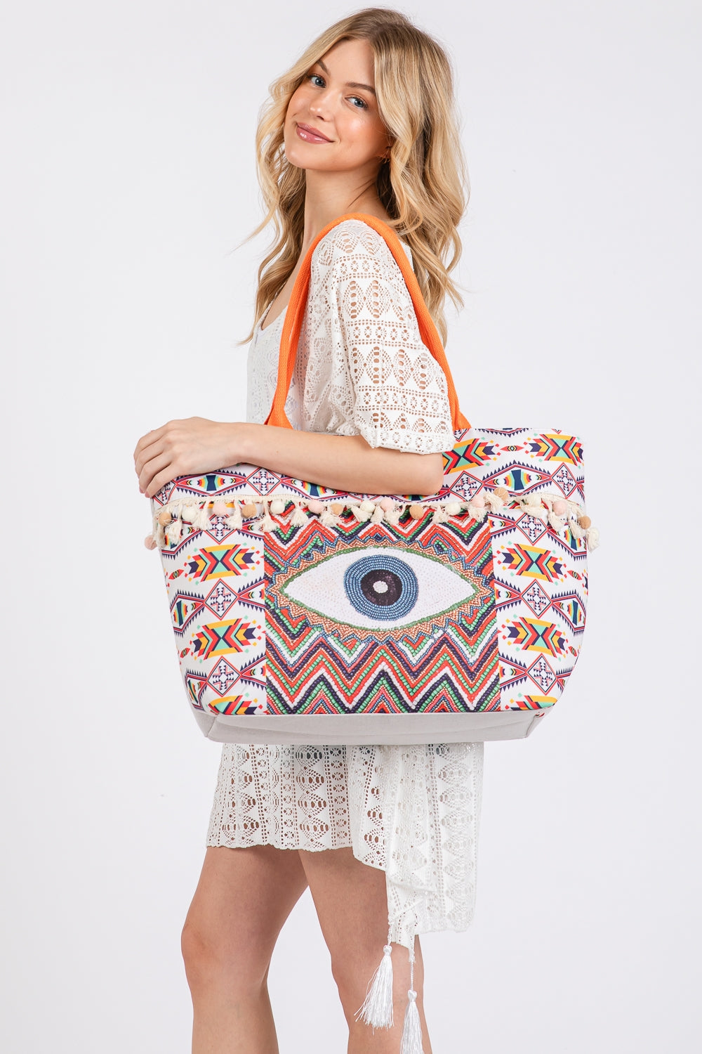 Evil Eye Boho Print Pom Pom Fringe Tote Bag Zipper Closure Inner Pocket Orange - Pack of 6