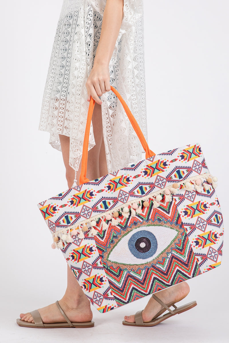 Evil Eye Boho Print Pom Pom Fringe Tote Bag Zipper Closure Inner Pocket Orange - Pack of 6