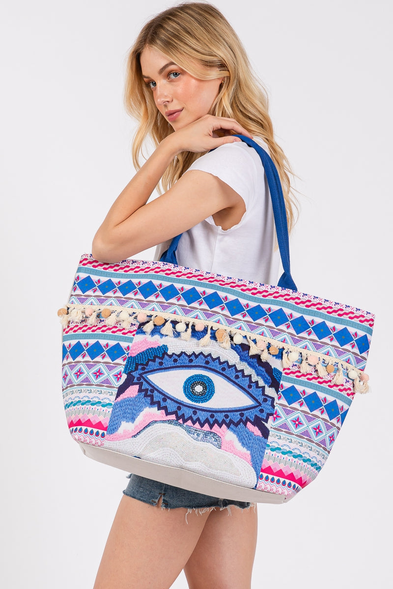 Evil Eye Boho Print Pom Pom Fringe Tote Bag Zipper Closure Inner Pocket Blue - Pack of 6