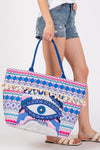 Evil Eye Boho Print Pom Pom Fringe Tote Bag Zipper Closure Inner Pocket Blue - Pack of 6