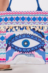 Evil Eye Boho Print Pom Pom Fringe Tote Bag Zipper Closure Inner Pocket Blue - Pack of 6