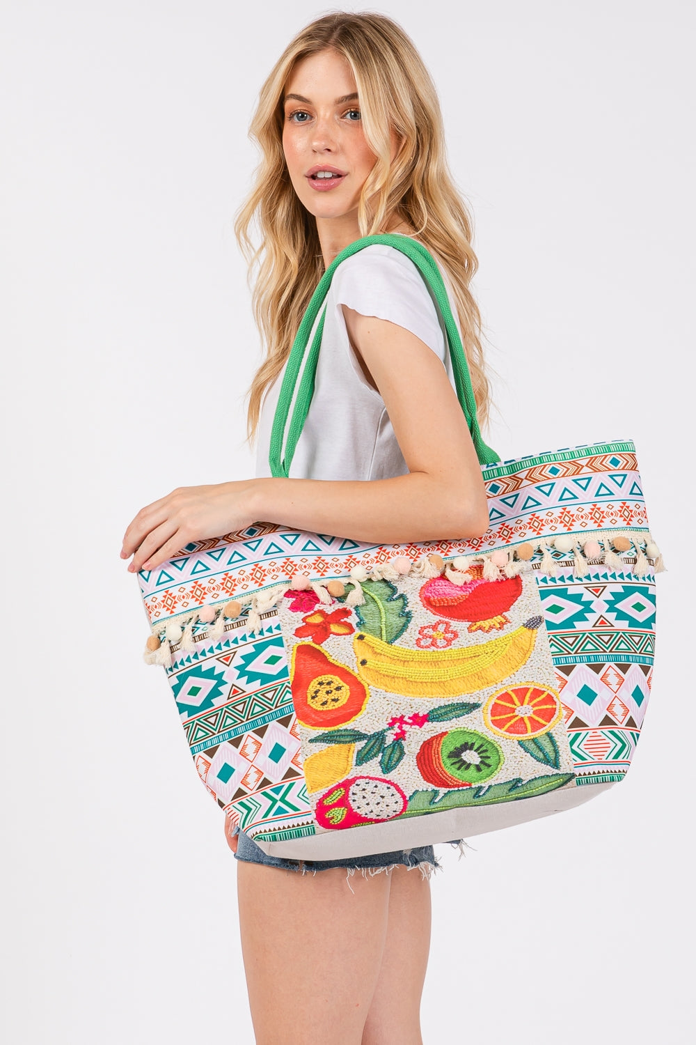 Fruit Boho Print Pom Pom Fringe Tote Bag Zipper Closure Green - Pack of 6