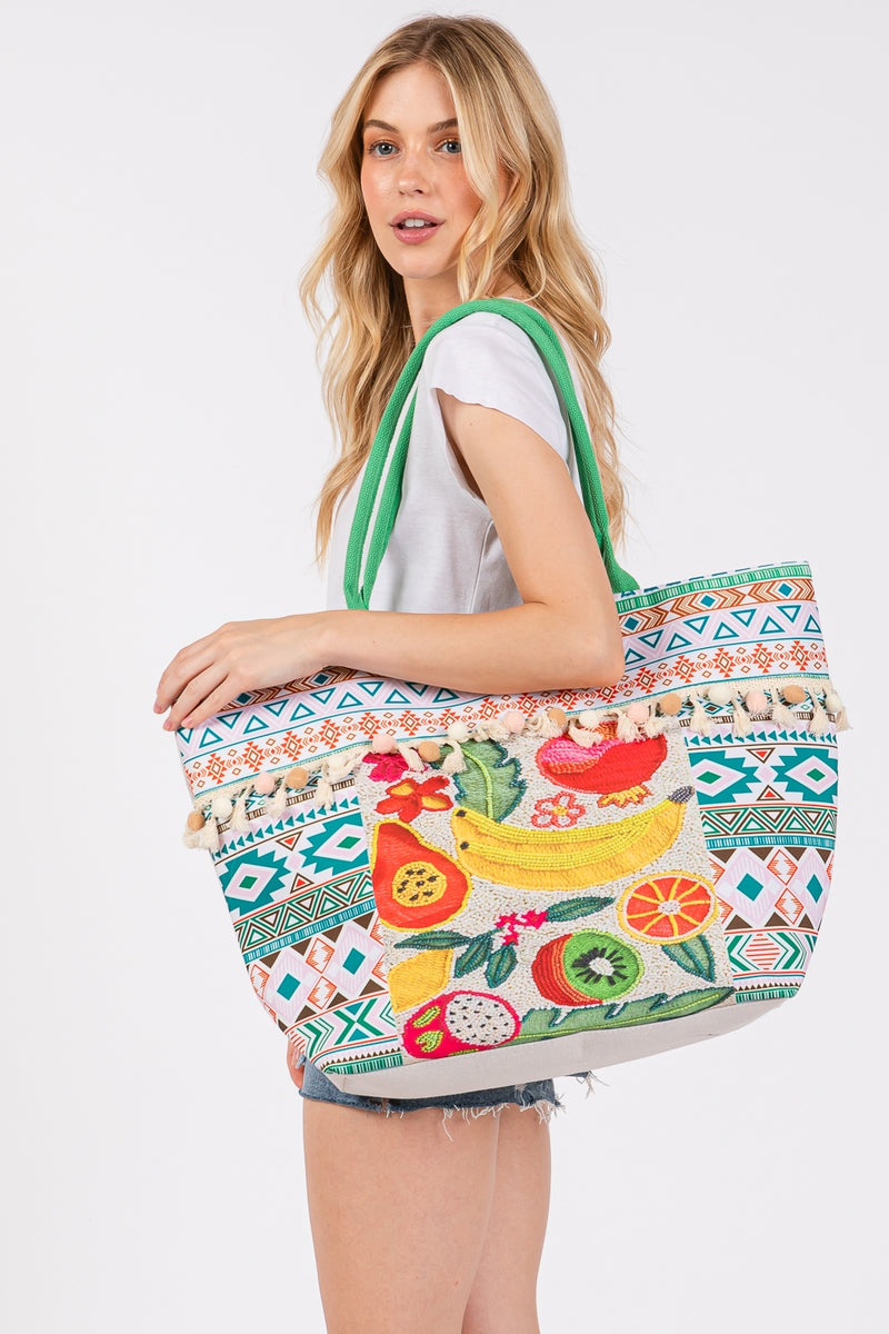 Fruit Boho Print Pom Pom Fringe Tote Bag Zipper Closure Green - Pack of 6