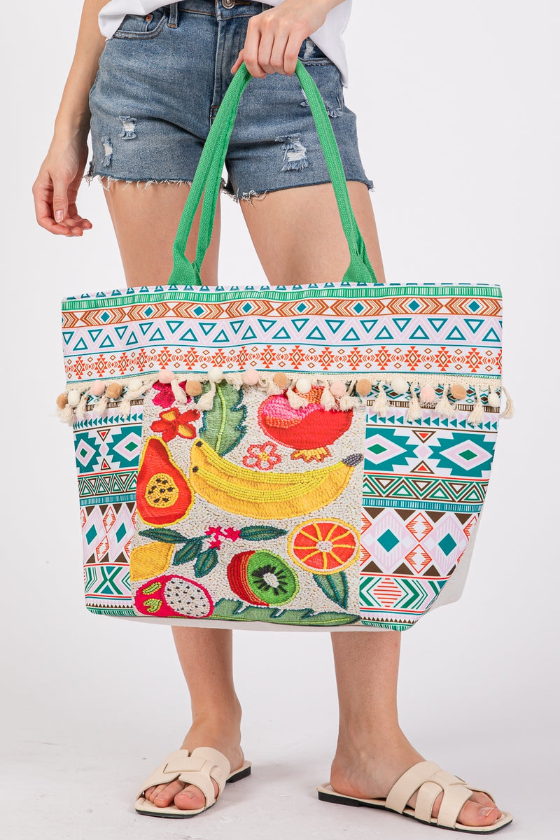 Fruit Boho Print Pom Pom Fringe Tote Bag Zipper Closure Green - Pack of 6