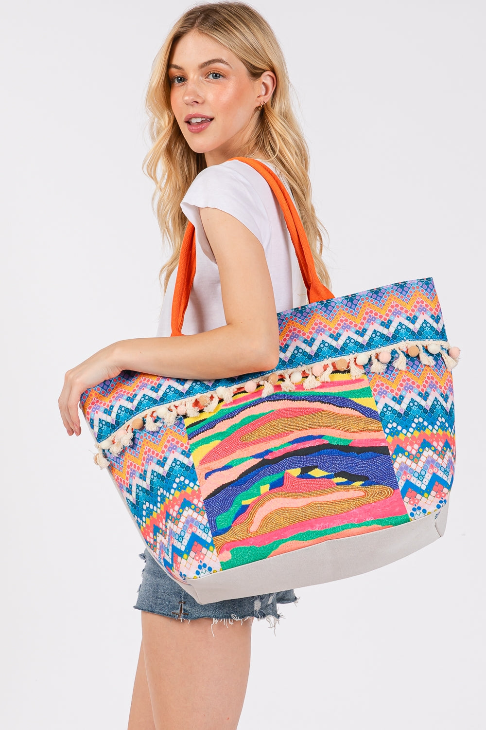 Boho Print Pom Pom Fringe Tote Bag Zipper Closure Orange - Pack of 6