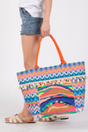 Boho Print Pom Pom Fringe Tote Bag Zipper Closure Orange - Pack of 6