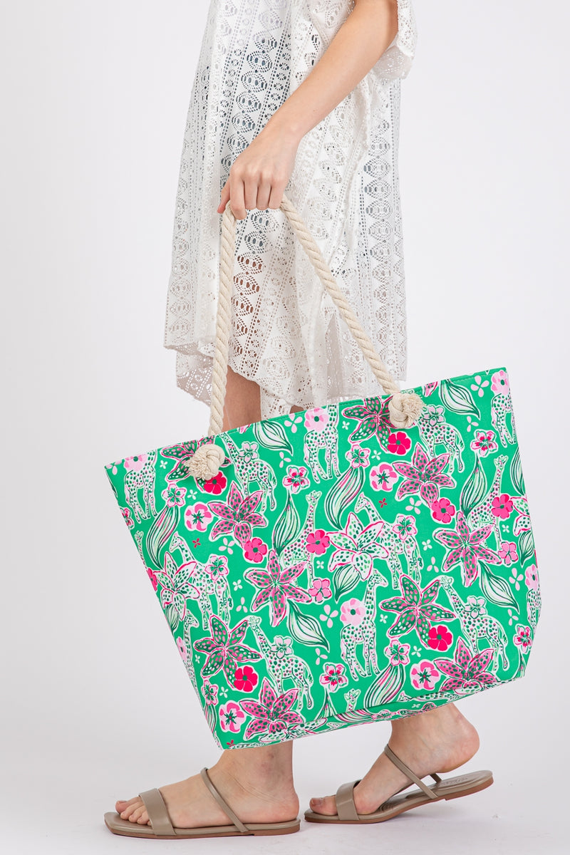 Flower Print Rope Strap Tote Bag Green - Pack of 6