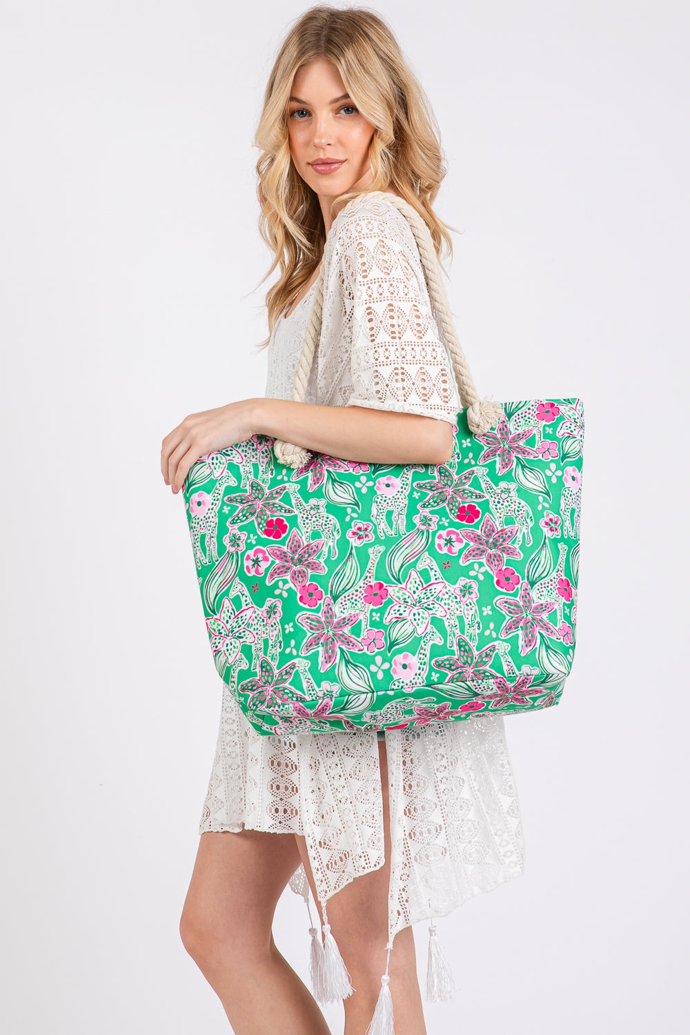 Flower Print Rope Strap Tote Bag Green - Pack of 6