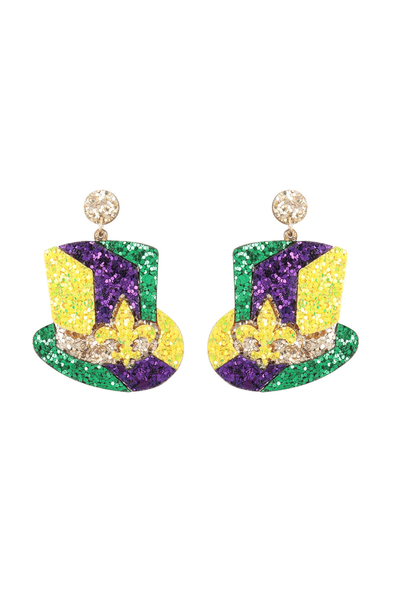 Mardi Gras Glitter Hat Earrings Multicolor 5 - Pack of 6