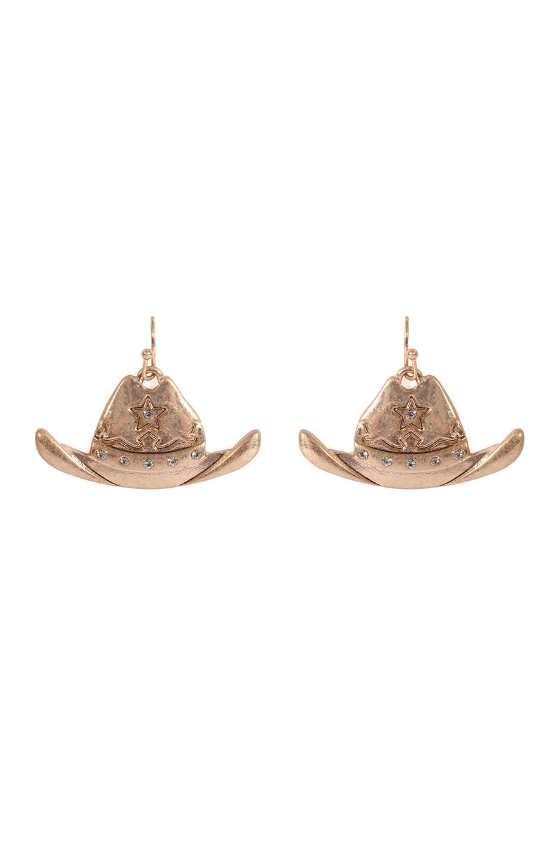 Rodeo Hat with Rhinestone Hook Earrings Matte Gold - Pack of 6