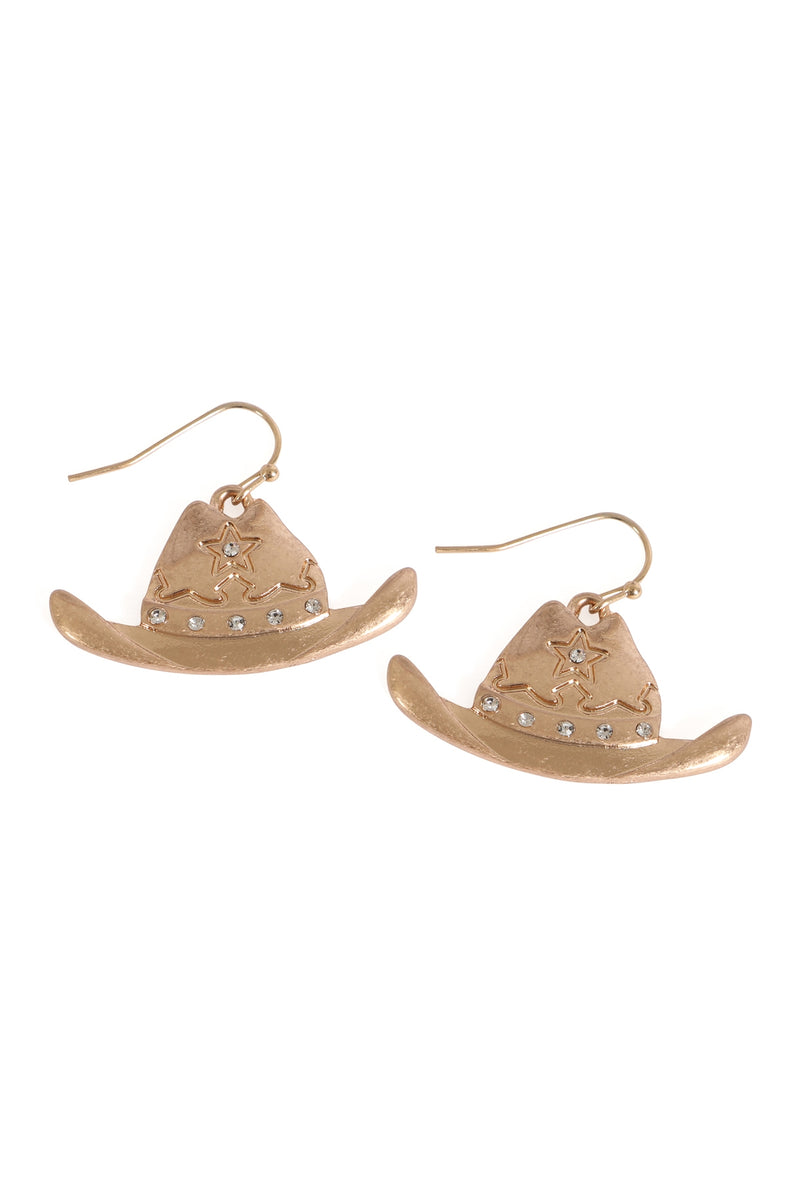 Rodeo Hat with Rhinestone Hook Earrings Matte Gold - Pack of 6