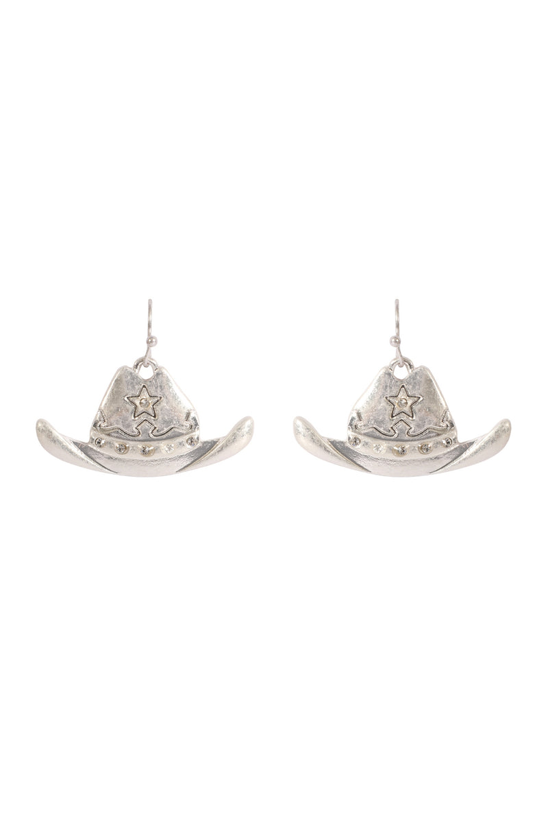 Rodeo Hat with Rhinestone Hook Earrings Matte Silver - Pack of 6