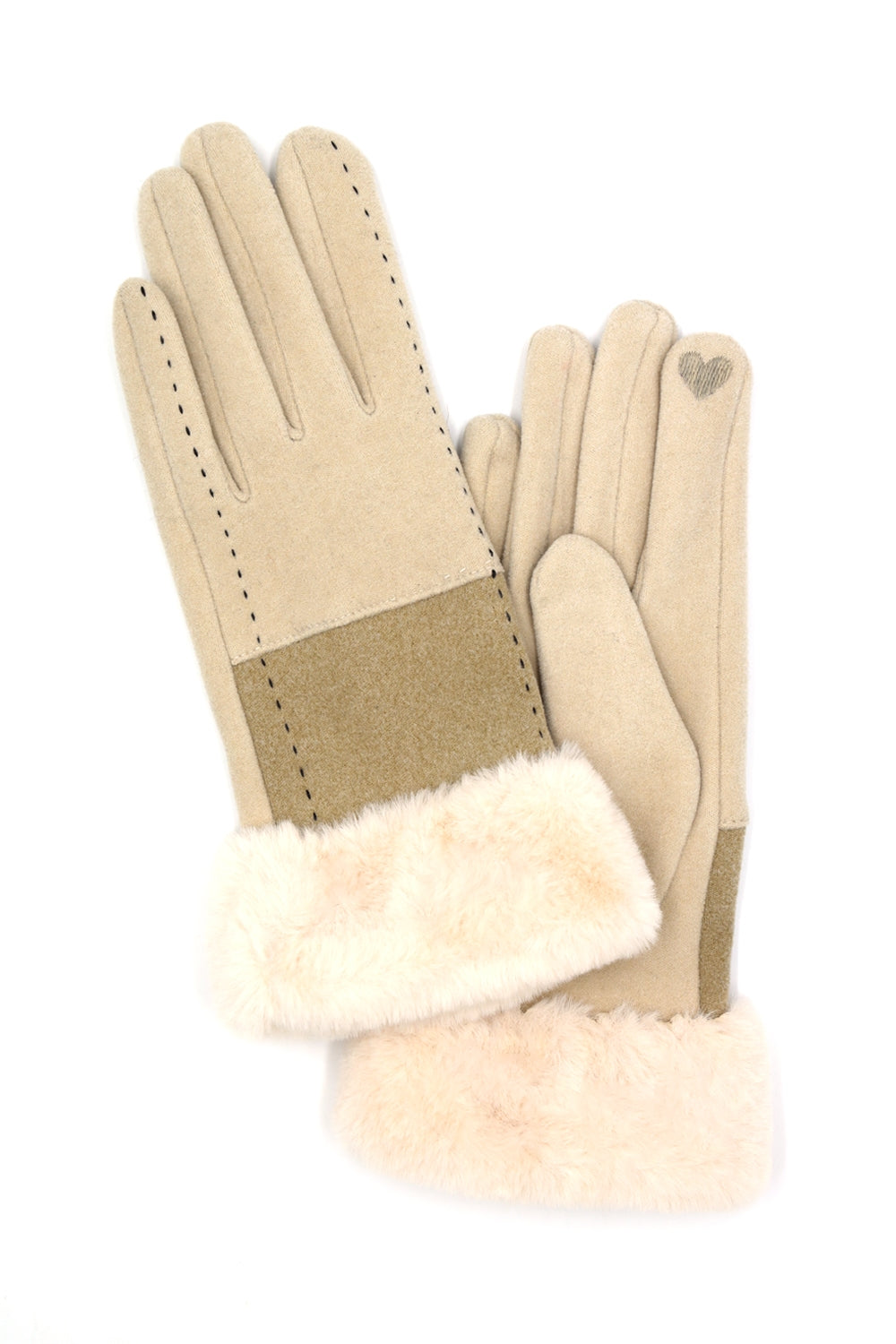 Two Tone and Stitch Lines Faux Fur Cuff Smart Touch Gloves Beige - Pack of 6