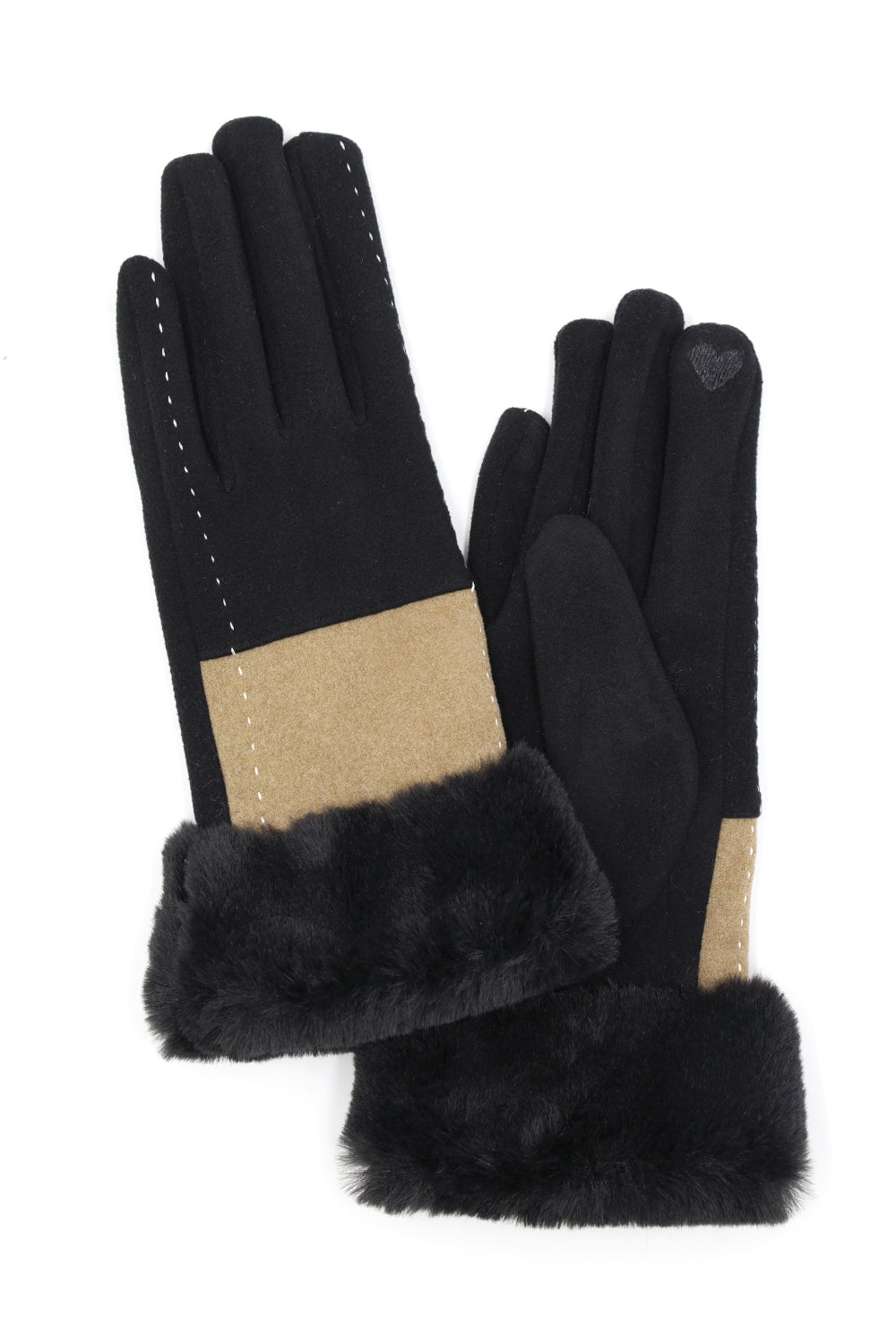 Two Tone and Stitch Lines Faux Fur Cuff Smart Touch Gloves Black - Pack of 6