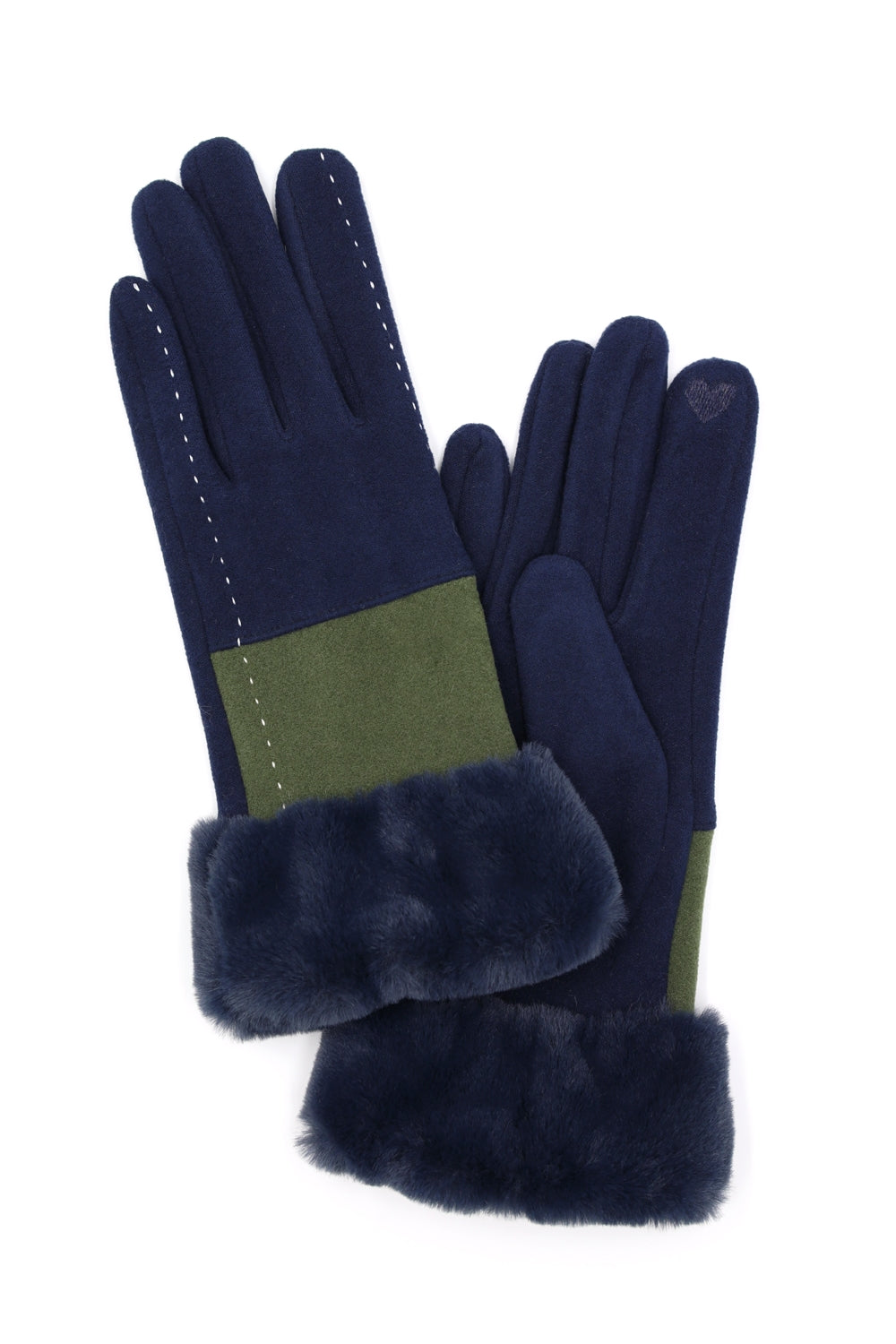 Two Tone and Stitch Lines Faux Fur Cuff Smart Touch Gloves Navy - Pack of 6