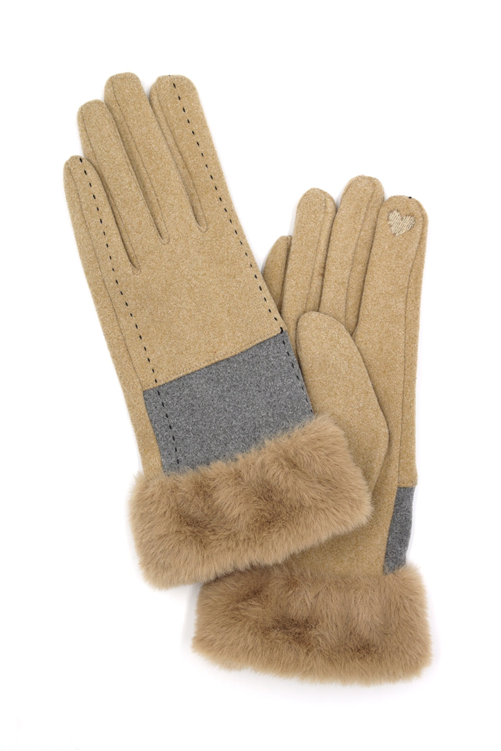 Two Tone and Stitch Lines Faux Fur Cuff Smart Touch Gloves Taupe - Pack of 6