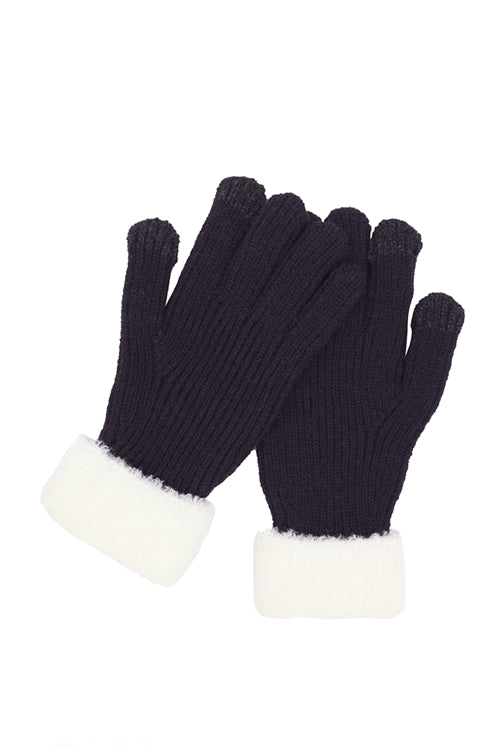 Faux Fur Cuff Smart Touch Knit Gloves Black - Pack of 6