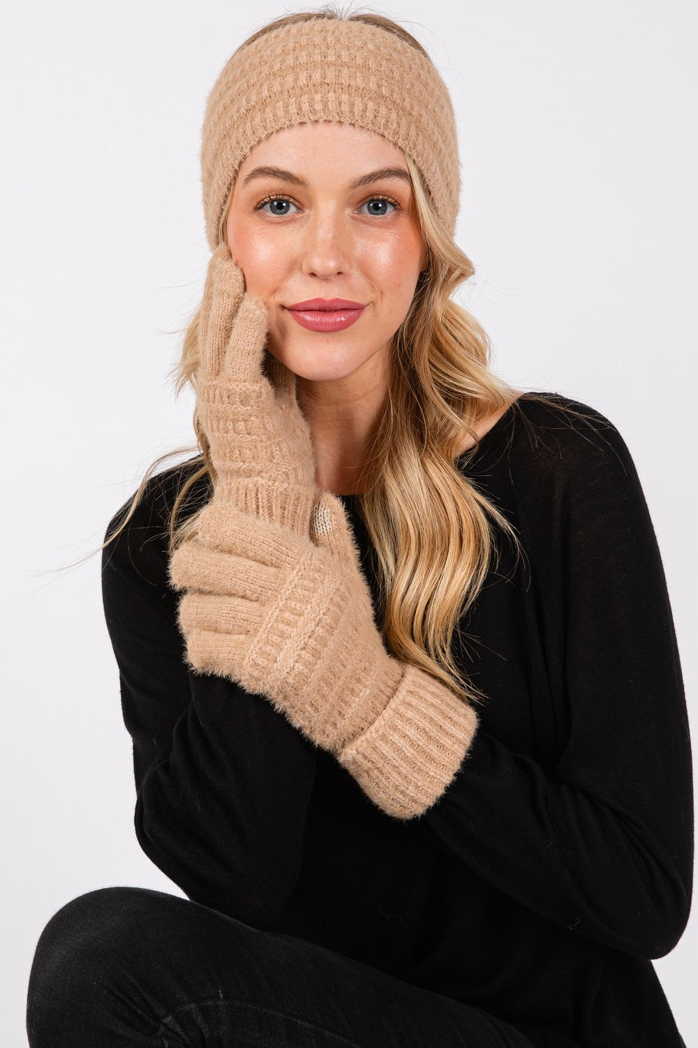 Fuzzy Cable Knit Smart Touch Gloves Taupe - Pack of 6