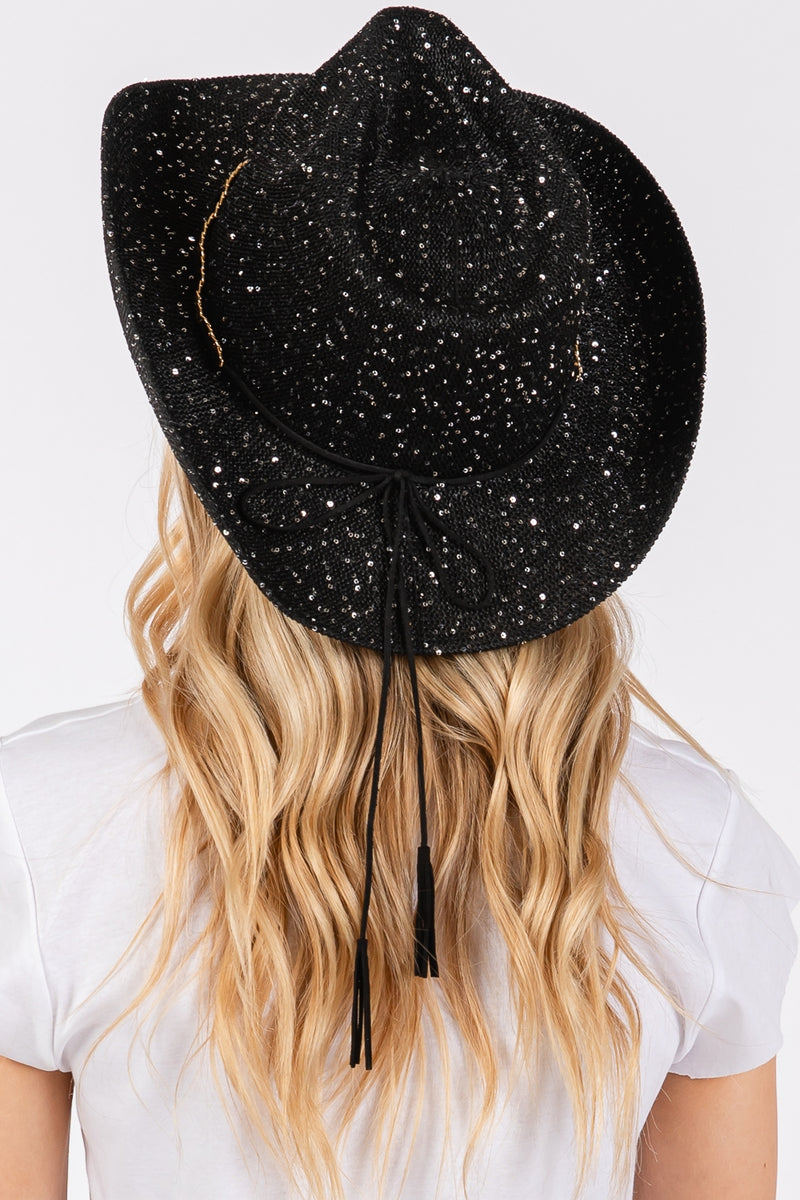 Sequin Cowboy Hat with Metal Chain Suede String Band Black - Pack of 6