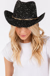 Sequin Cowboy Hat with Metal Chain Suede String Band Black - Pack of 6