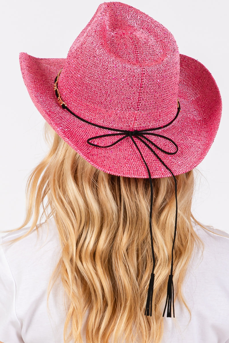 Sequin Cowboy Hat with Metal Chain Suede String Band Hot Pink - Pack of 6