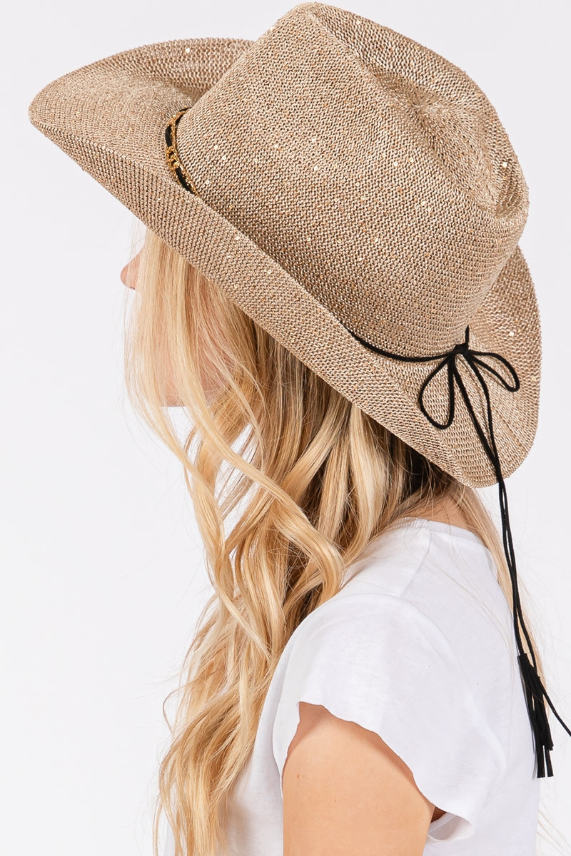 Sequin Cowboy Hat with Metal Chain Suede String Band Taupe - Pack of 6