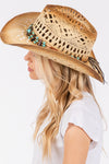 Tea Stained Open Weave Cowboy Hat with Western Wood Bead Band Beige - Pack of 6