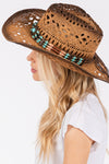 Tea Stained Open Weave Cowboy Hat with Western Wood Bead Band Brown - Pack of 6