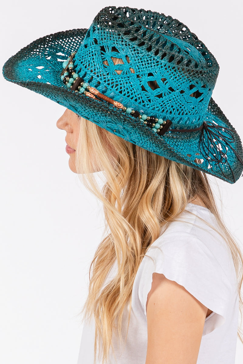 Tea Stained Open Weave Cowboy Hat with Western Wood Bead Band Teal - Pack of 6