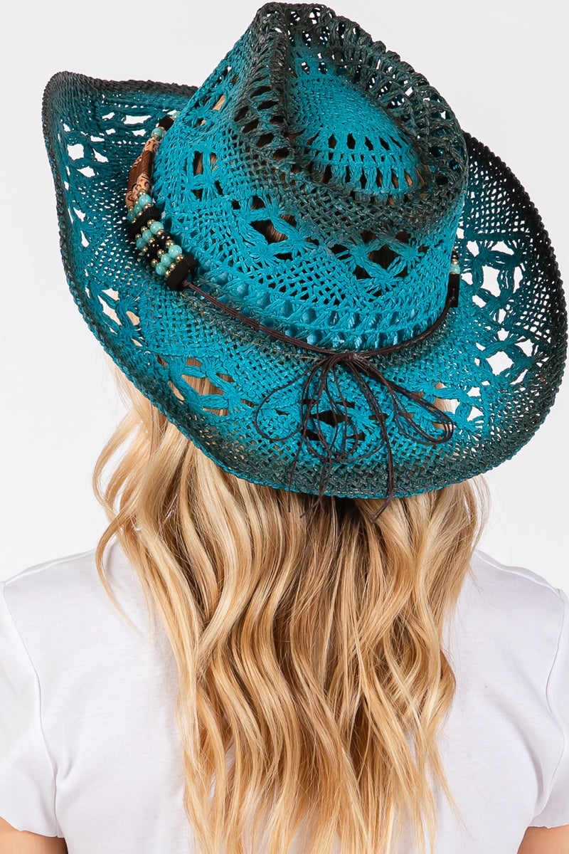 Tea Stained Open Weave Cowboy Hat with Western Wood Bead Band Teal - Pack of 6