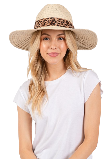 Leopard Band Straw Sun Hat Beige - Pack of 6