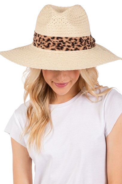 Leopard Band Straw Sun Hat Beige - Pack of 6