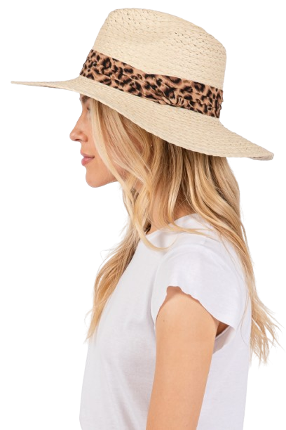 Leopard Band Straw Sun Hat Beige - Pack of 6