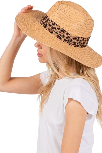 Leopard Band Straw Sun Hat Taupe - Pack of 6