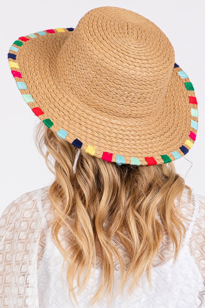 Multi Colored Wide Stitch Trim Straw Sun Hat Taupe - Pack of 6