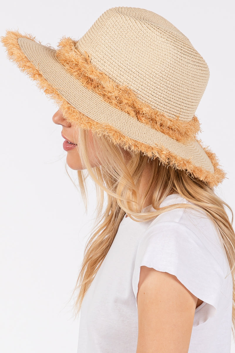 Frayed Band and Trim Straw Sun Hat Beige - Pack of 6