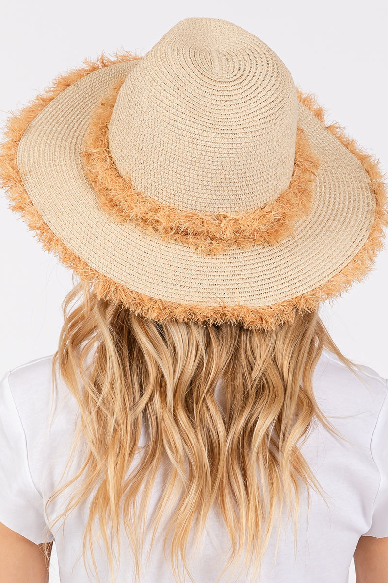 Frayed Band and Trim Straw Sun Hat Beige - Pack of 6