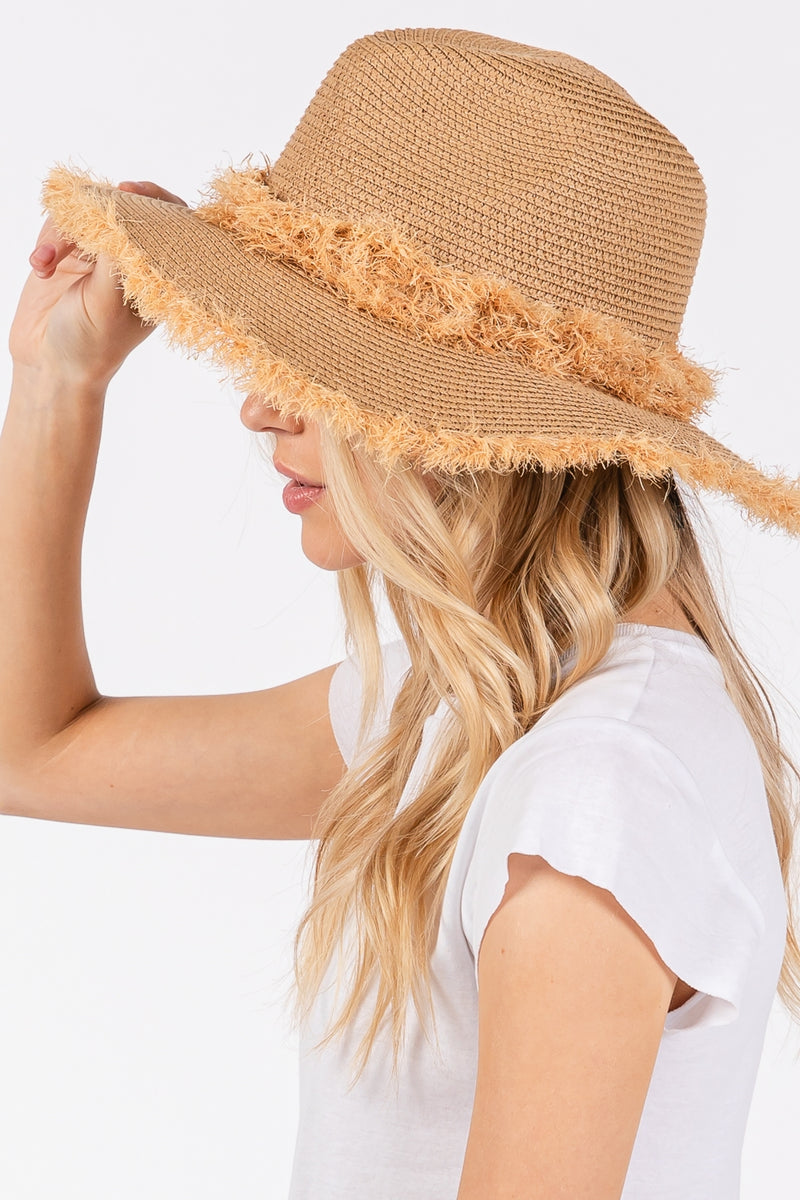 Frayed Band and Trim Straw Sun Hat Taupe - Pack of 6