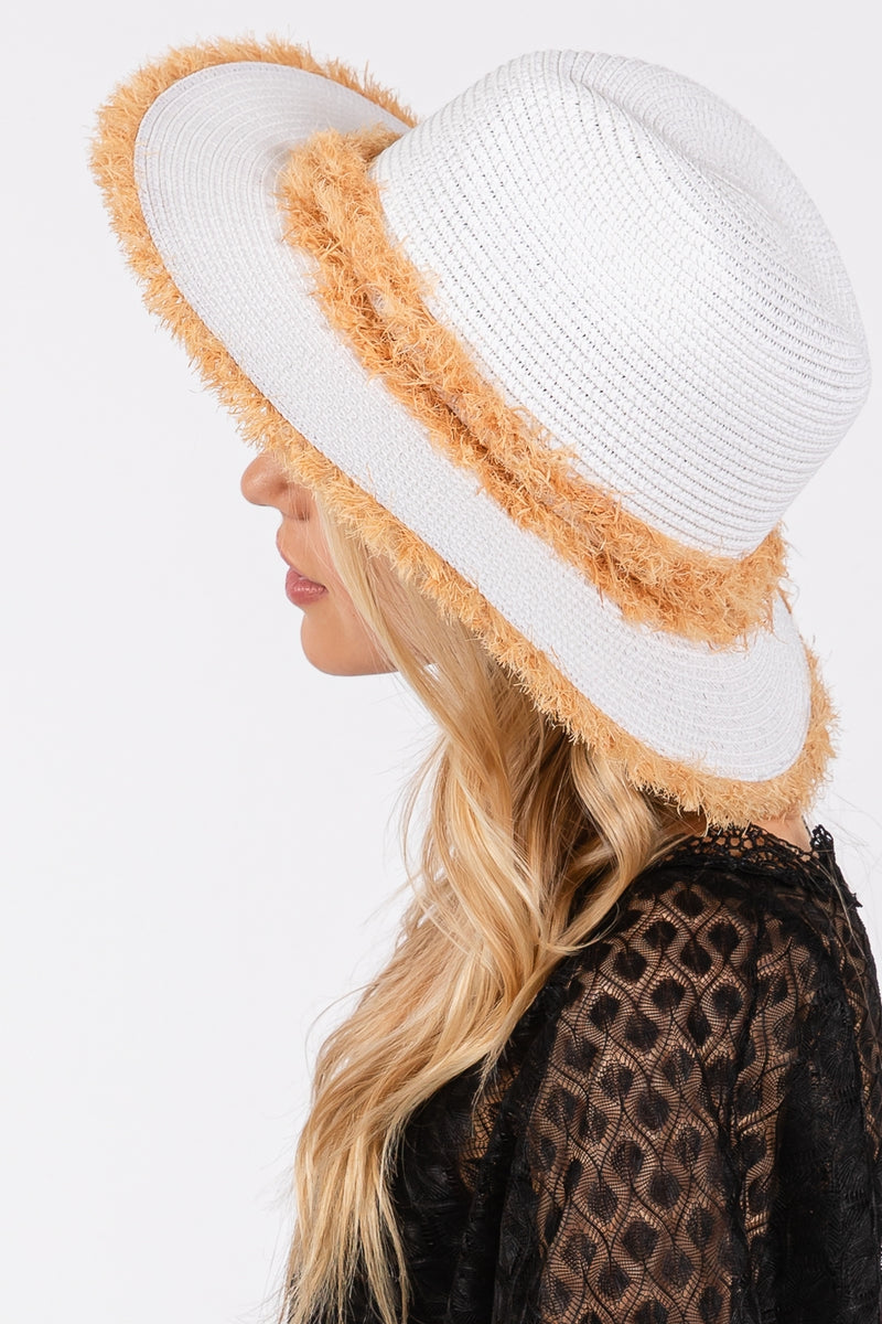 Frayed Band and Trim Straw Sun Hat White - Pack of 6