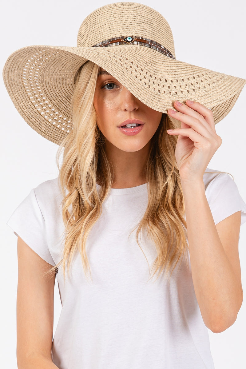 Wide Brim Straw Hat with Evil Eye and Multi Design Band Beige - Pack of 6