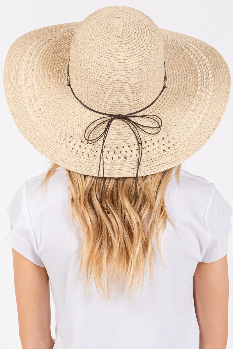 Wide Brim Straw Hat with Evil Eye and Multi Design Band Beige - Pack of 6