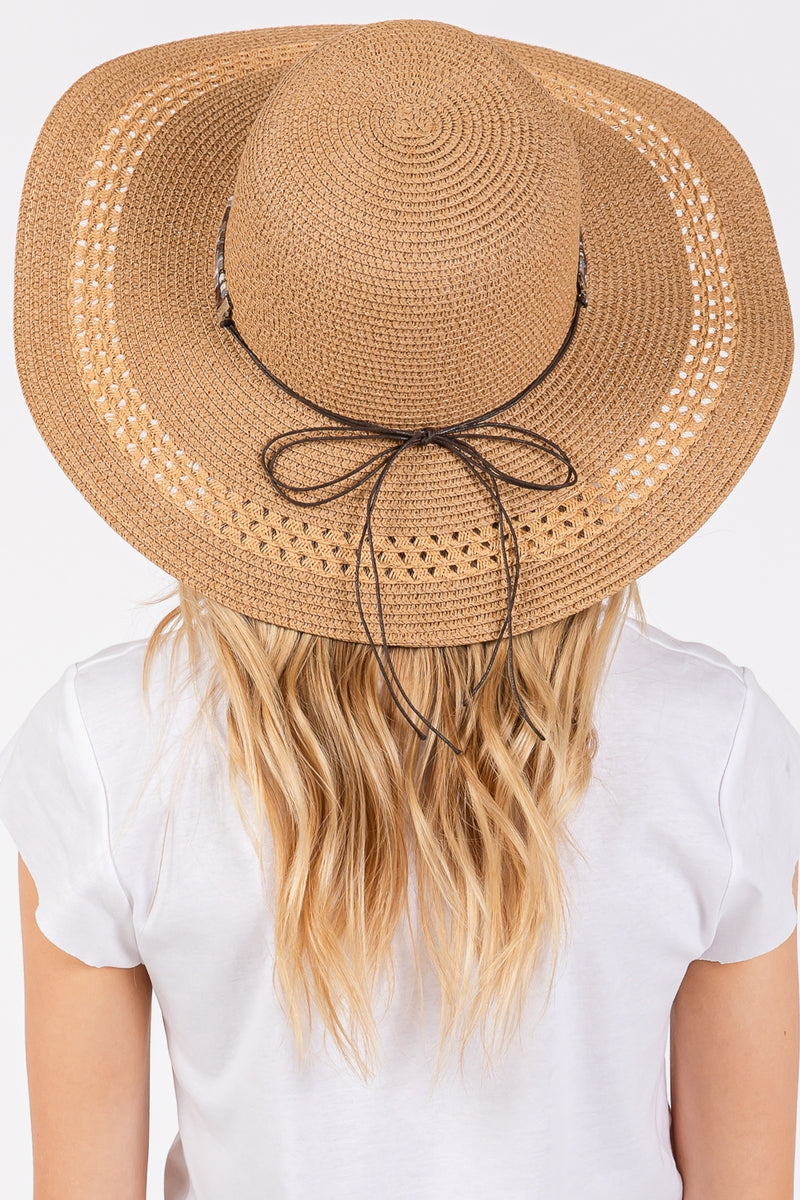 Wide Brim Straw Hat with Evil Eye and Multi Design Band Taupe - Pack of 6