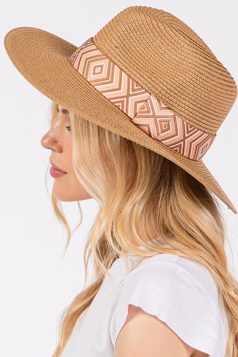 Tribal Aztec Pattern Straw Sun Hat Taupe - Pack of 6