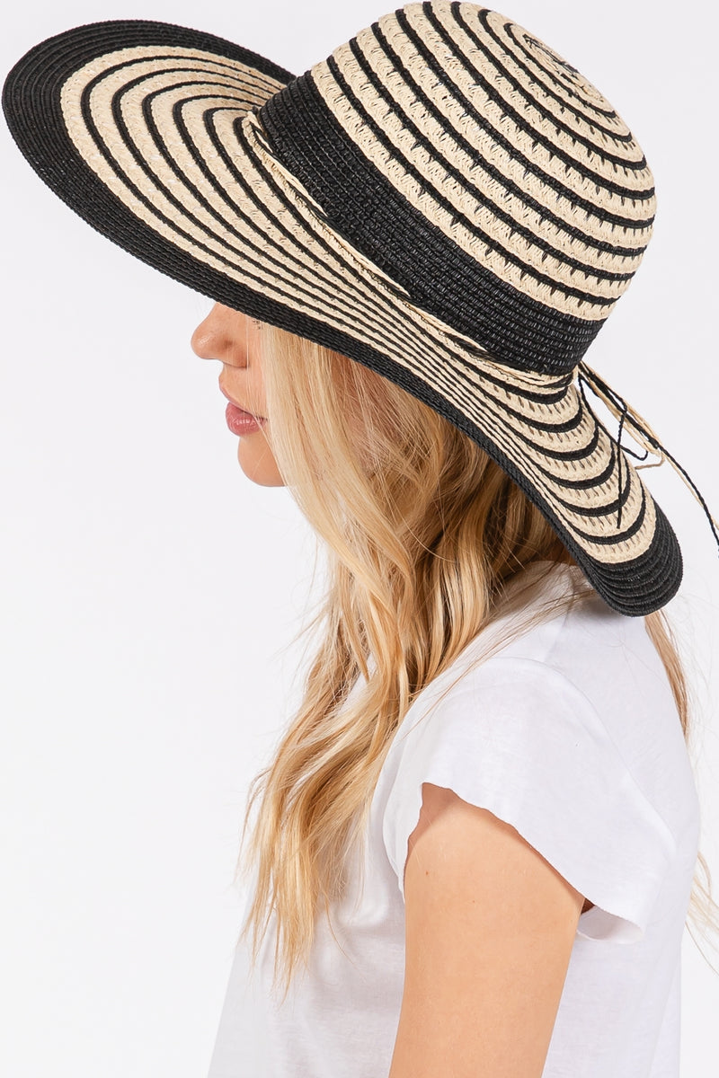 Striped Pattern Wide Brim Floppy Hat Black - Pack of 6